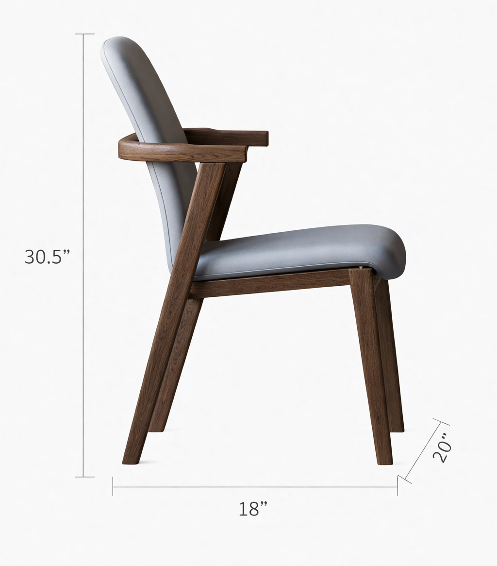 Side view of AUTOJONG walnut dining chair with upholstered seat, showing dimensions 30.5 inches height, 18 inches width, and 20 inches depth