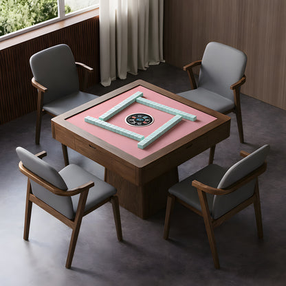 Automatic mahjong table with self-shuffling system, pink playing surface, four chairs, designed for American mahjong