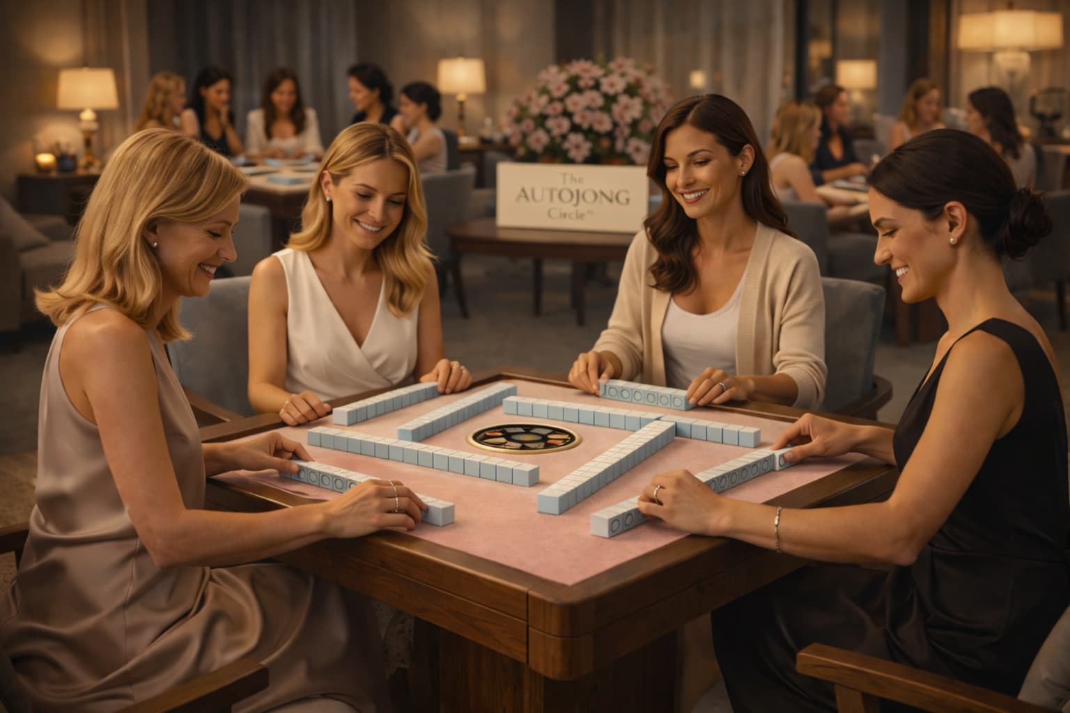 Four elegantly dressed women playing American Mahjong on a pink AUTOJONG table in a luxury lounge setting during a The AUTOJONG Circle gathering