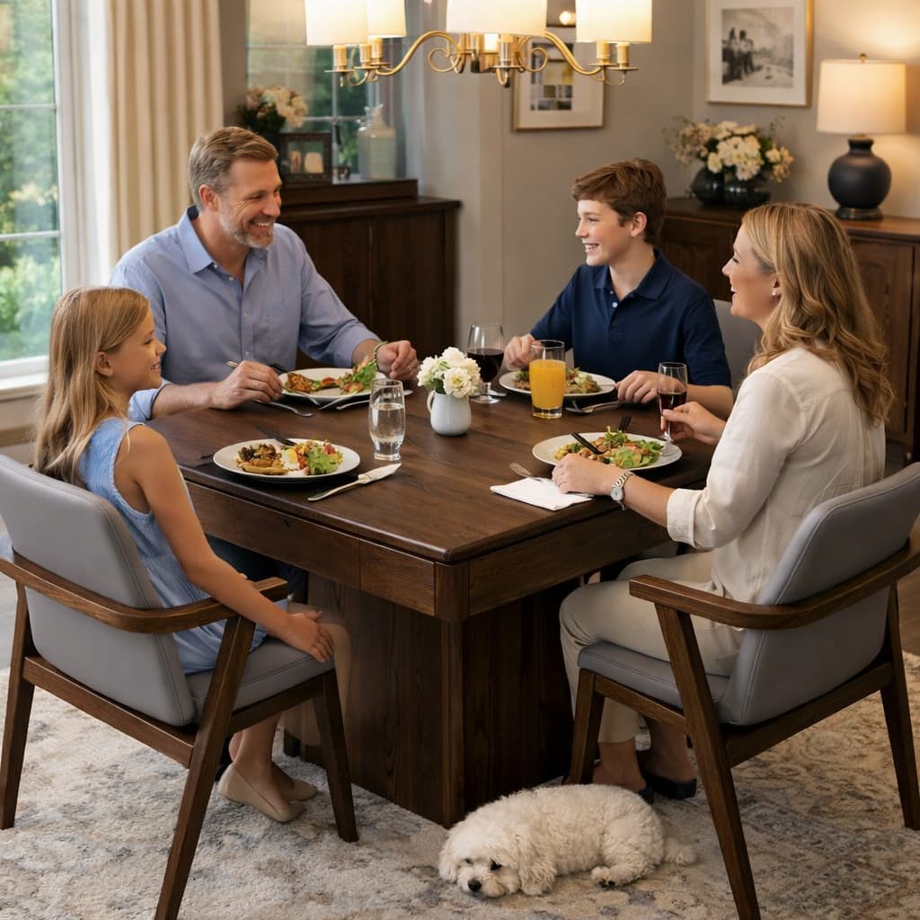 Affluent American family of four enjoying dinner around an AUTOJONG walnut automatic mahjong table in a warm, elegant dining room, with a white dog resting on the floor