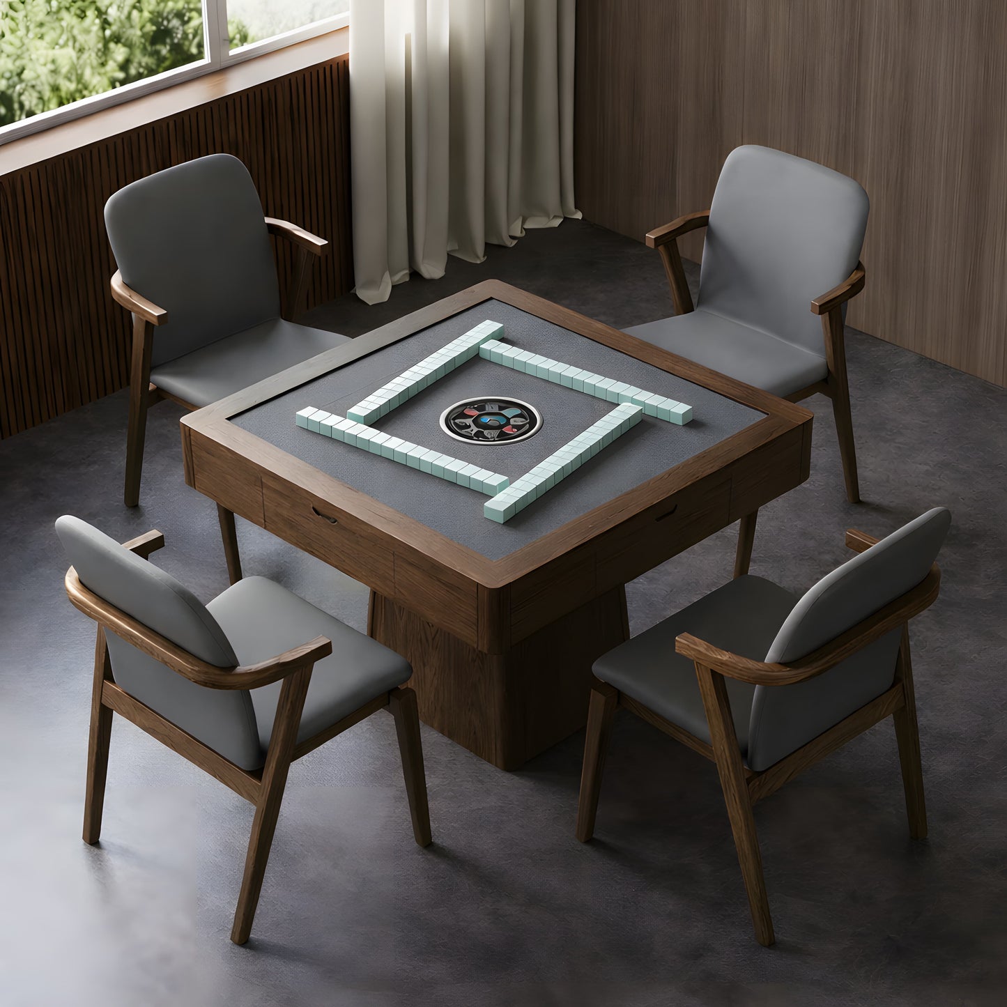 AUTOJONG automatic mahjong table with grey playing surface and removable dining top, surrounded by four upholstered chairs