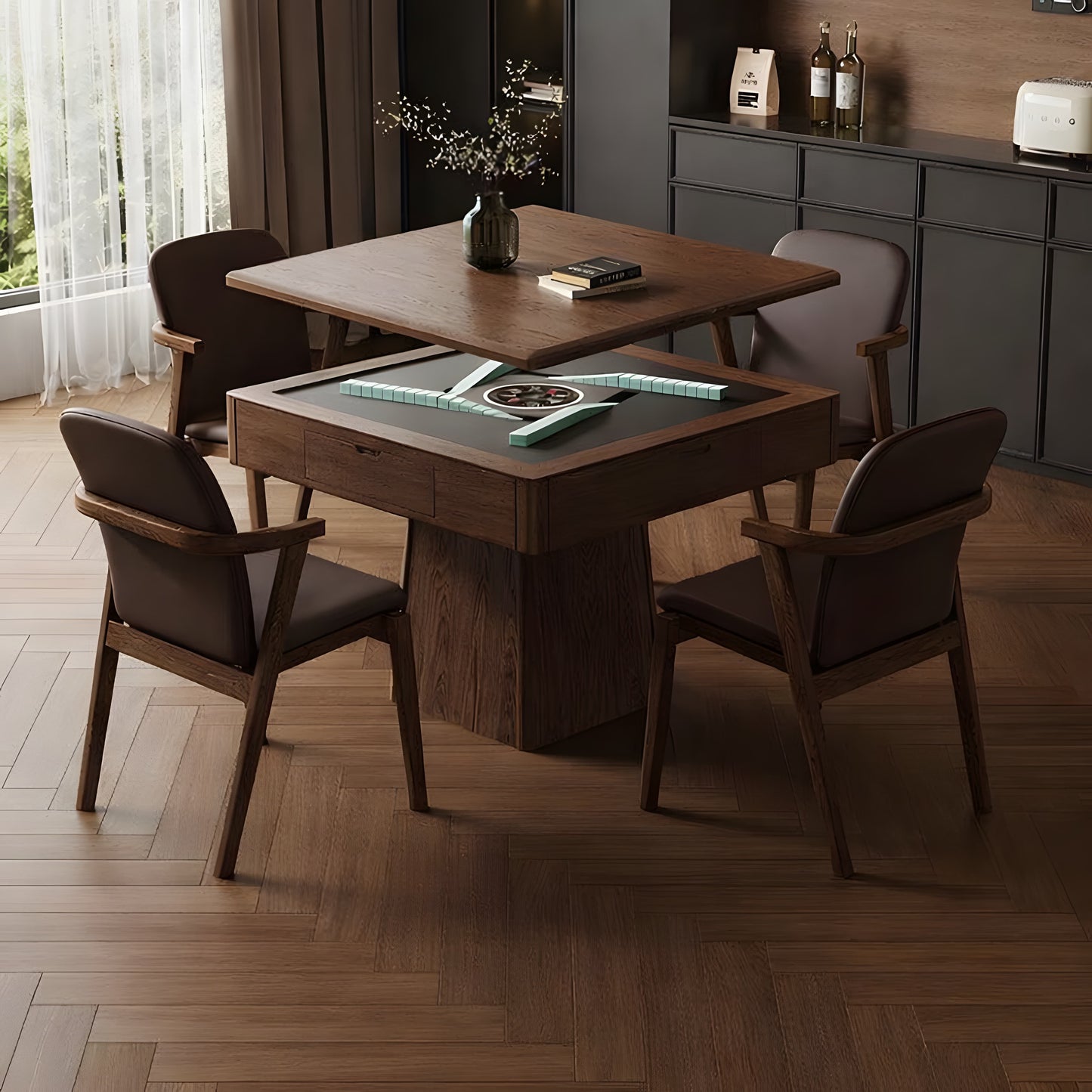 Automatic mahjong table with lift-off dining top, walnut finish, grey playing surface, modern home setup with four chairs