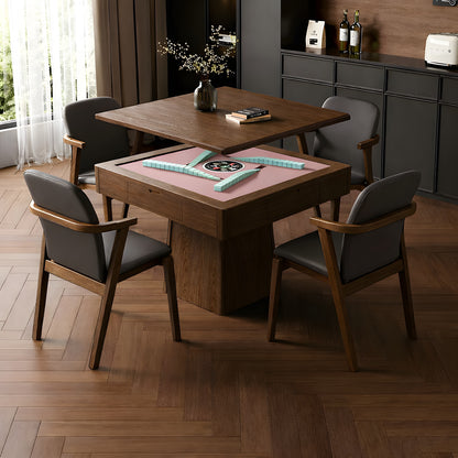 Automatic mahjong table with lift-off dining top, walnut finish, pink playing surface, modern home setup with four chairs