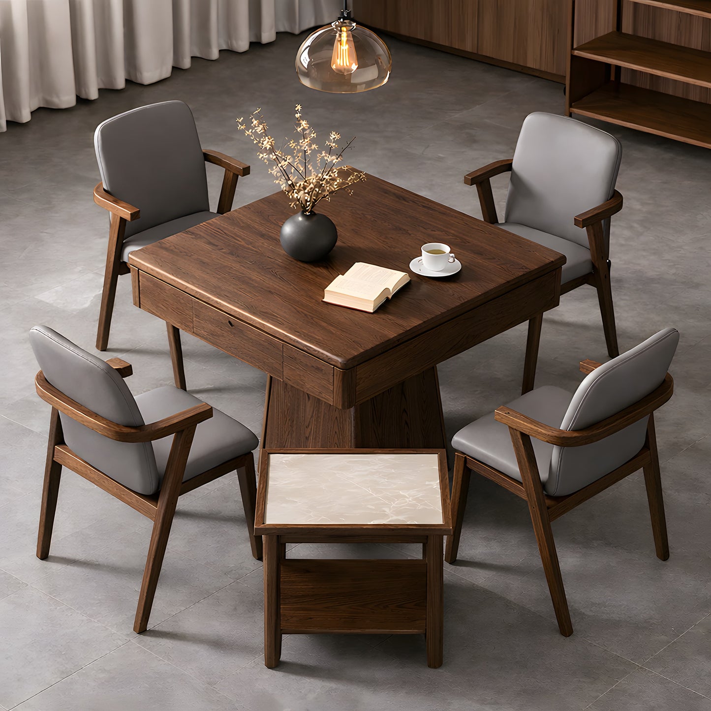 AUTOJONG walnut automatic mahjong table in dining mode with closed top, shown in a modern home setting with four upholstered chairs
