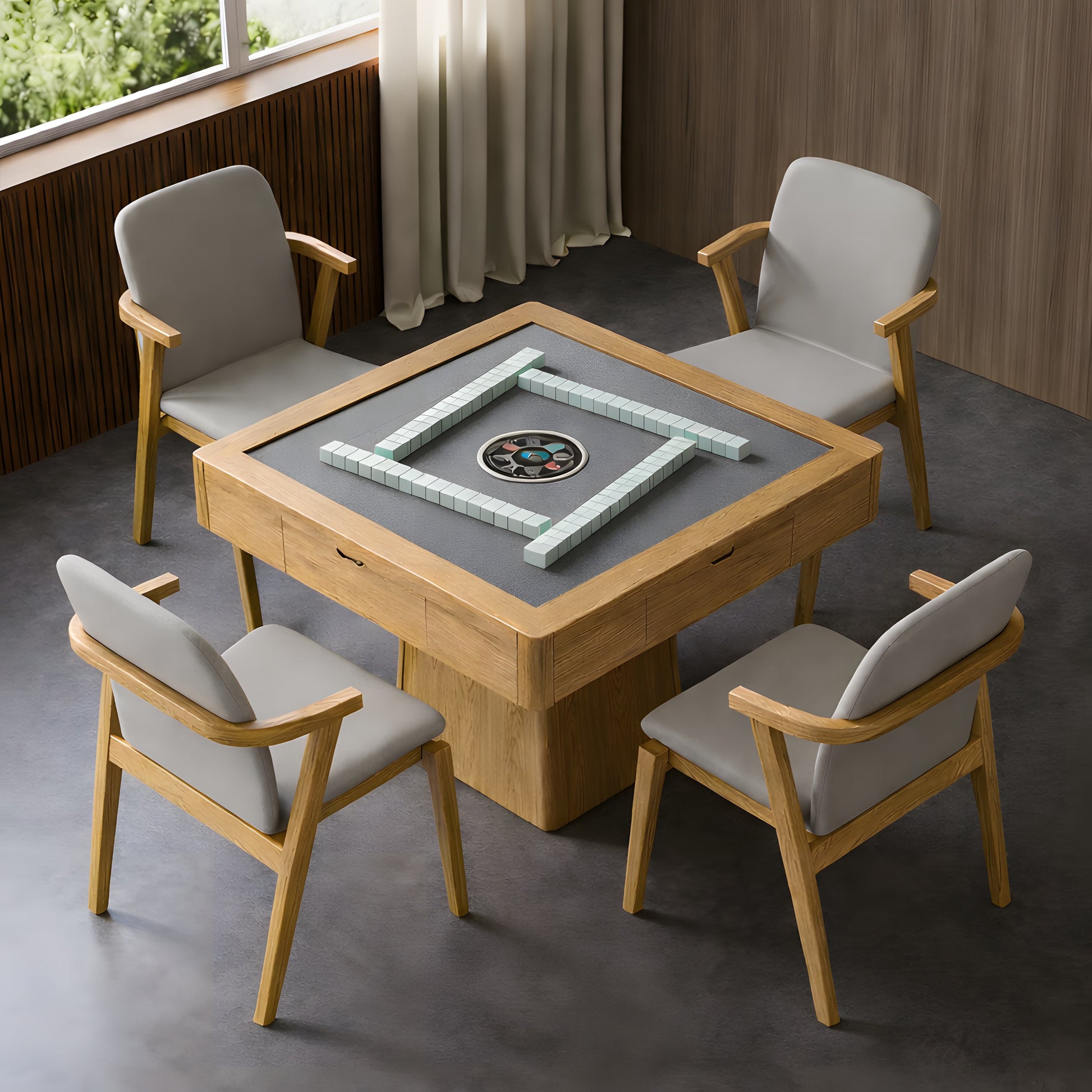 AUTOJONG white oak automatic mahjong table with grey playing surface, designed for American mahjong, shown with four chairs in a modern home