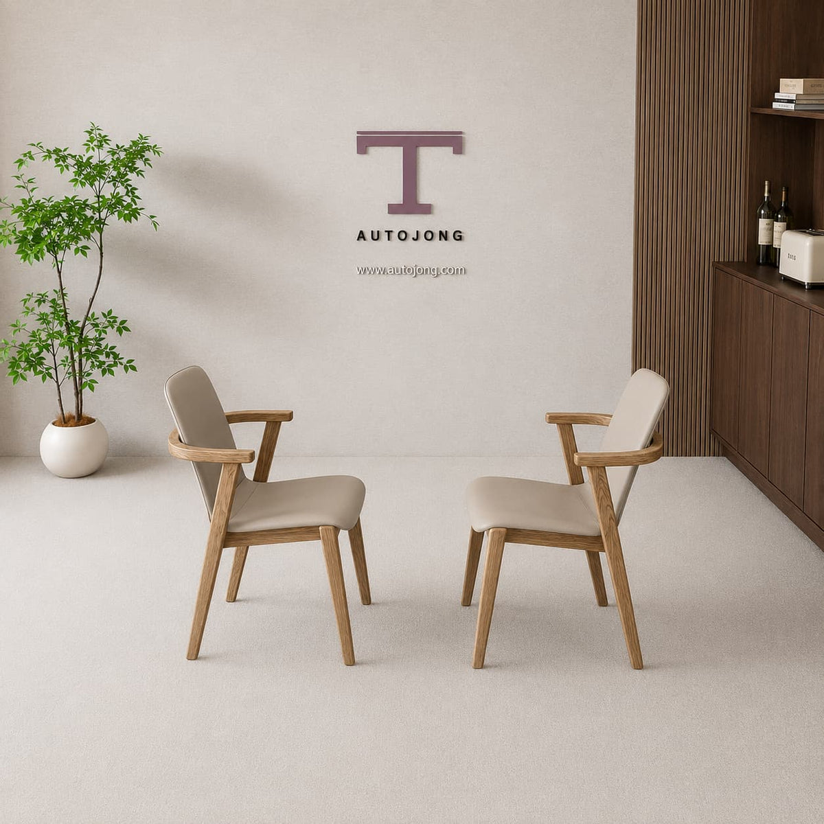 Two white oak chairs designed to match the AUTOJONG automatic mahjong table, displayed in a modern showroom.